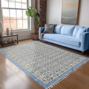 Sky Blue Cotton Handmade Blocks Printed Rug