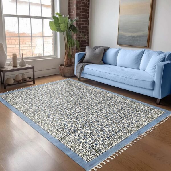 Sky Blue Cotton Handmade Blocks Printed Rug - Image 2