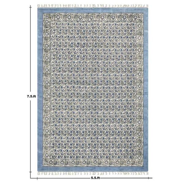 Sky Blue Cotton Handmade Blocks Printed Rug - Image 3