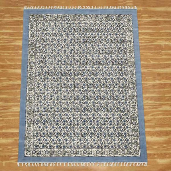 Sky Blue Cotton Handmade Blocks Printed Rug - Image 4