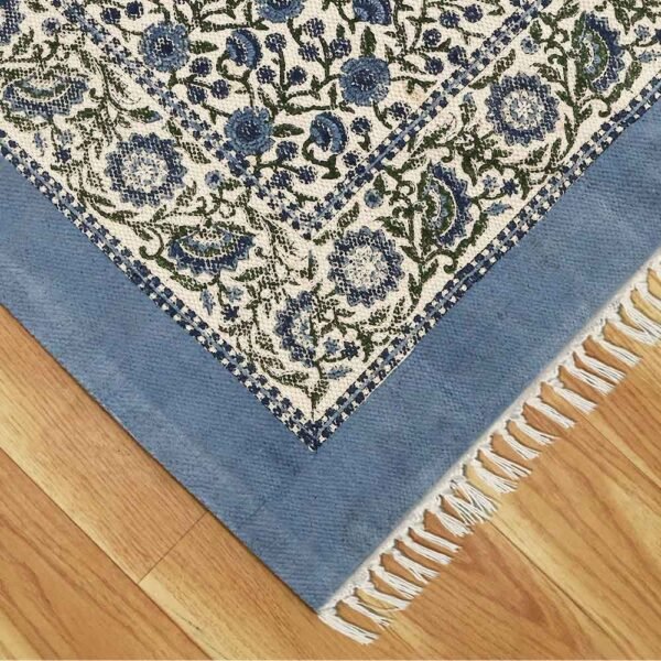 Sky Blue Cotton Handmade Blocks Printed Rug - Image 5
