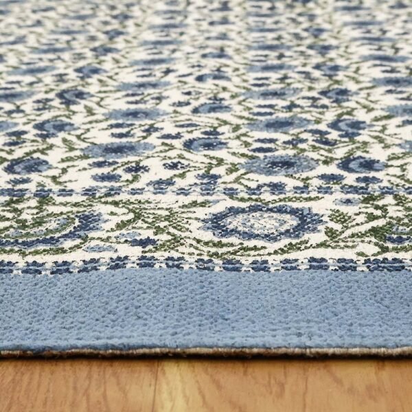 Sky Blue Cotton Handmade Blocks Printed Rug - Image 7